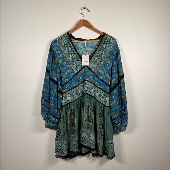 Free People Luna‎ Scarf Print Tunic Blouse Ocean Combo - Picture 5 of 7
